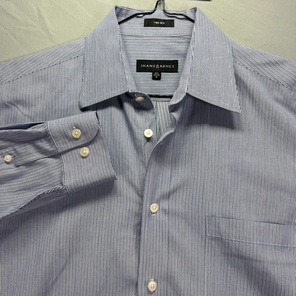 Jhane Barnes Dress Shirt Mens 15.5 Button Up Blue Striped Two Ply Hickory